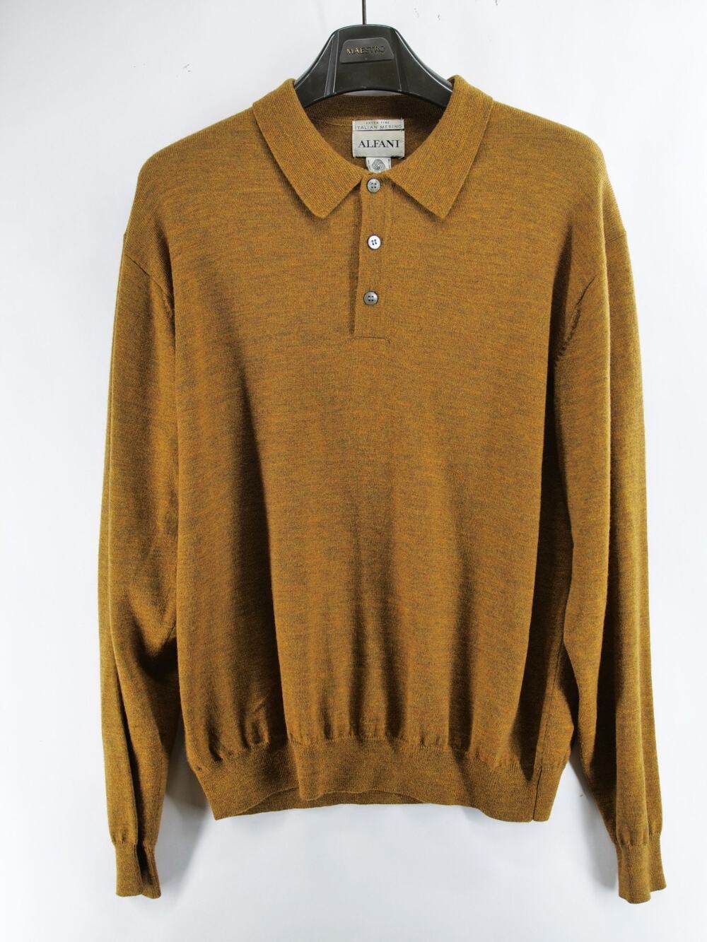 Alfani Mens L Made in Italy 100% Extra Fine Merino Wool Knit Polo Sweater Brown